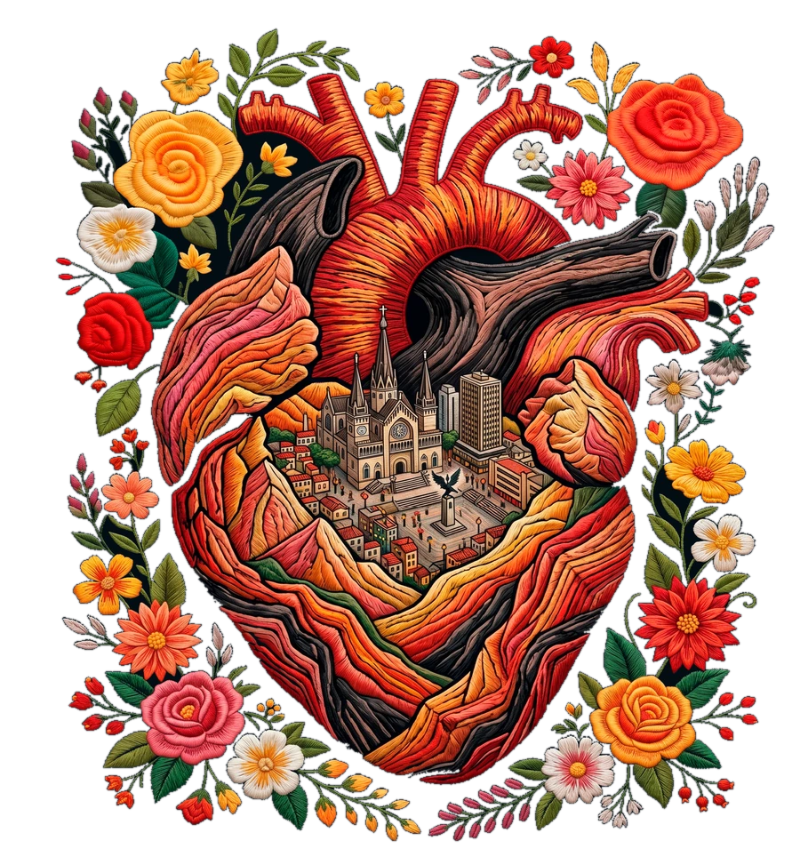Arte oficial del cumpleaños 177 de Manizales: corazón bordado con la ciudad y flores